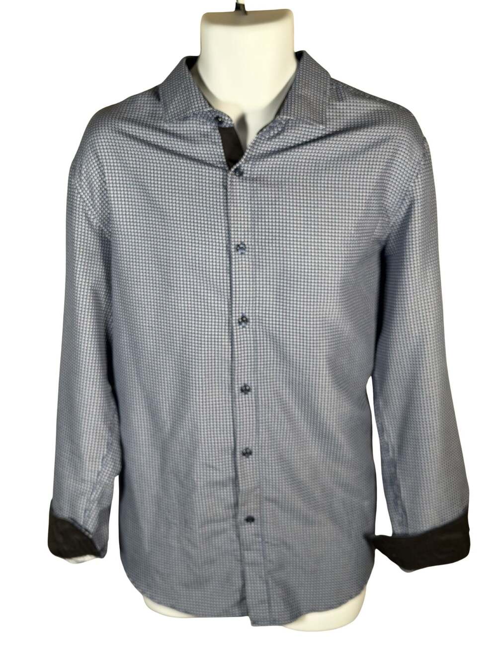 Mens Blue & White Geometric Print Long Sleeve Shirt w/Contrast Cuffs & placket.